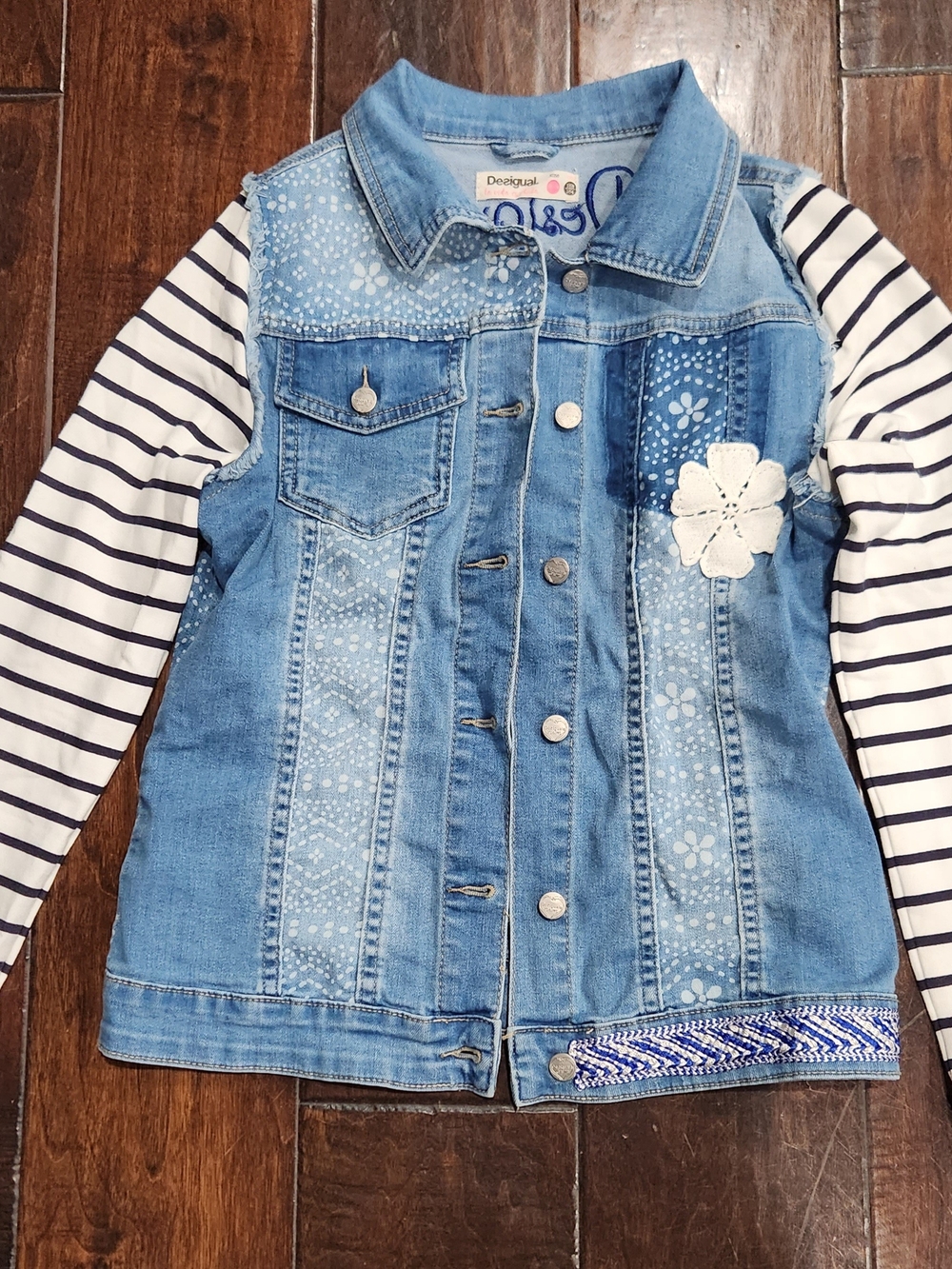 Desigual Light Blue Denim Jacket with Navy Striped Sleeves and Crochet Flower